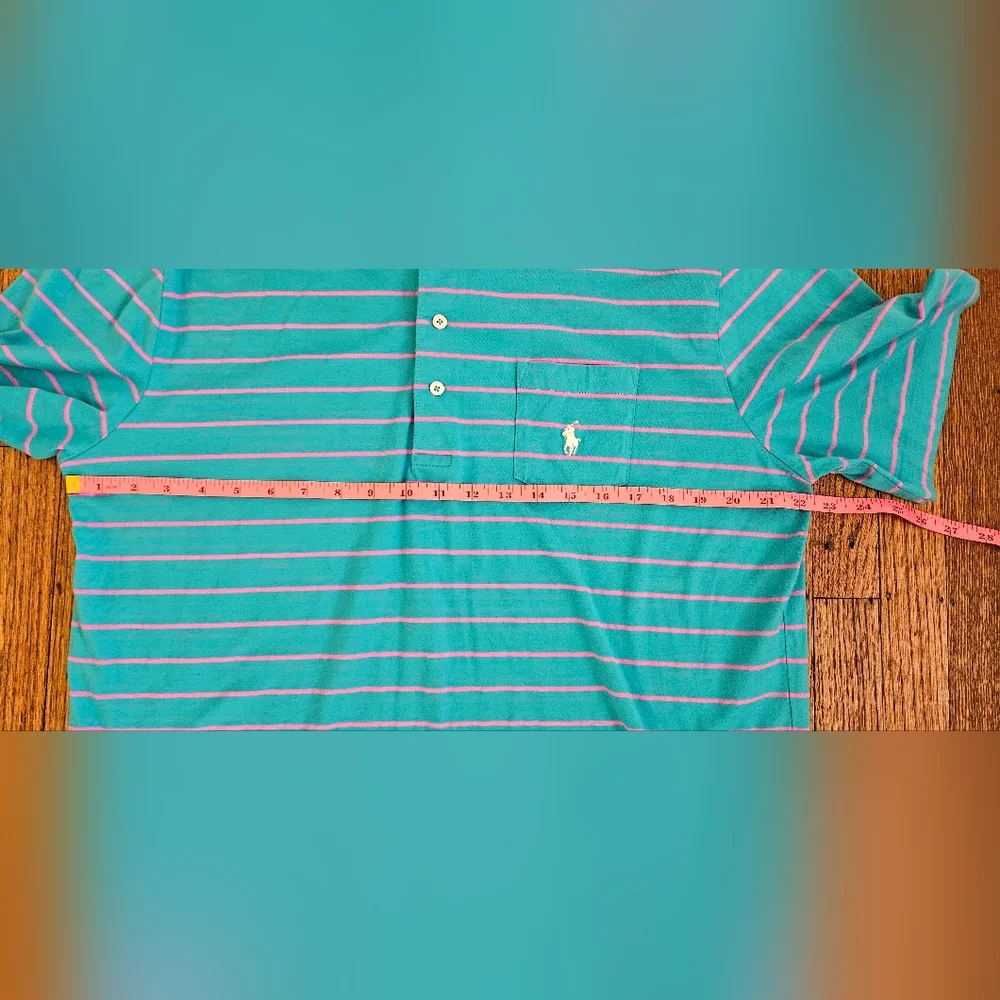 Polo Golf Ralph Lauren Teal Blue and Pink Striped Polo Shirt Size Large